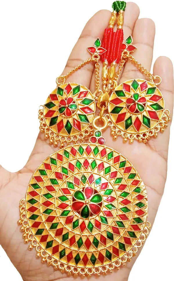 Assamese_Traditional_Gold_Plated_Red_Green_Colour_Japi_Tassel_Jewellery_Set_For_Women